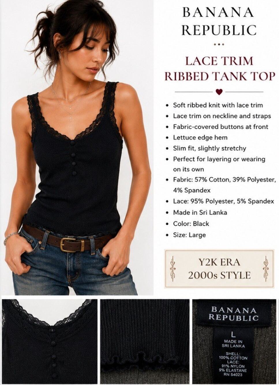 Y2K Indie Sleaze Layering Banana Republic Lace Trim Ribbed Tank Top Size L Black